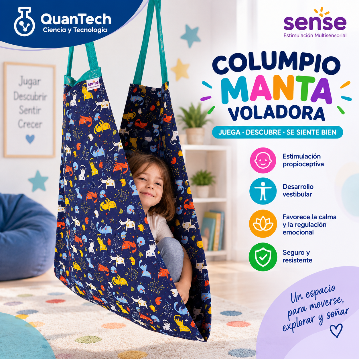 Columpio sensorial manta voladora con anclajes al techo
